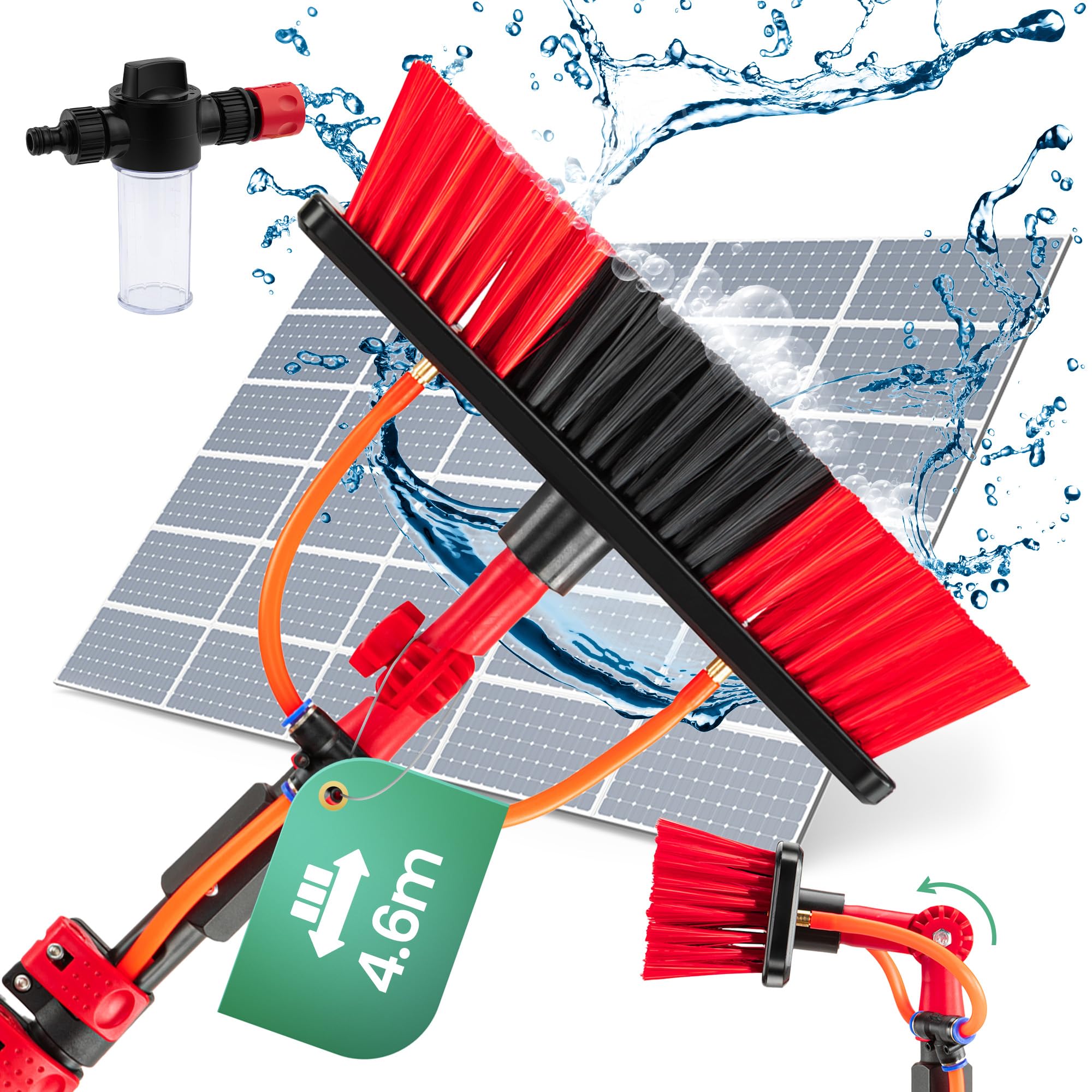 Hortensus Brosse Télescopique Toiture - Perche de Nettoyage avec Raccord d’Eau et Réservoir de Savon - Compatible Tuyau 